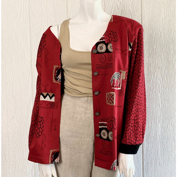 Peter Popovitch Cardigan Womens L Art to Wear Eccentric Zebra Safari Giraffe Red - Picture 4 of 16